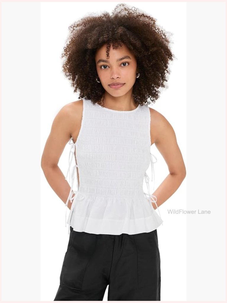 Cotton Poplin Smock Tie String Top With Ruffled Hem